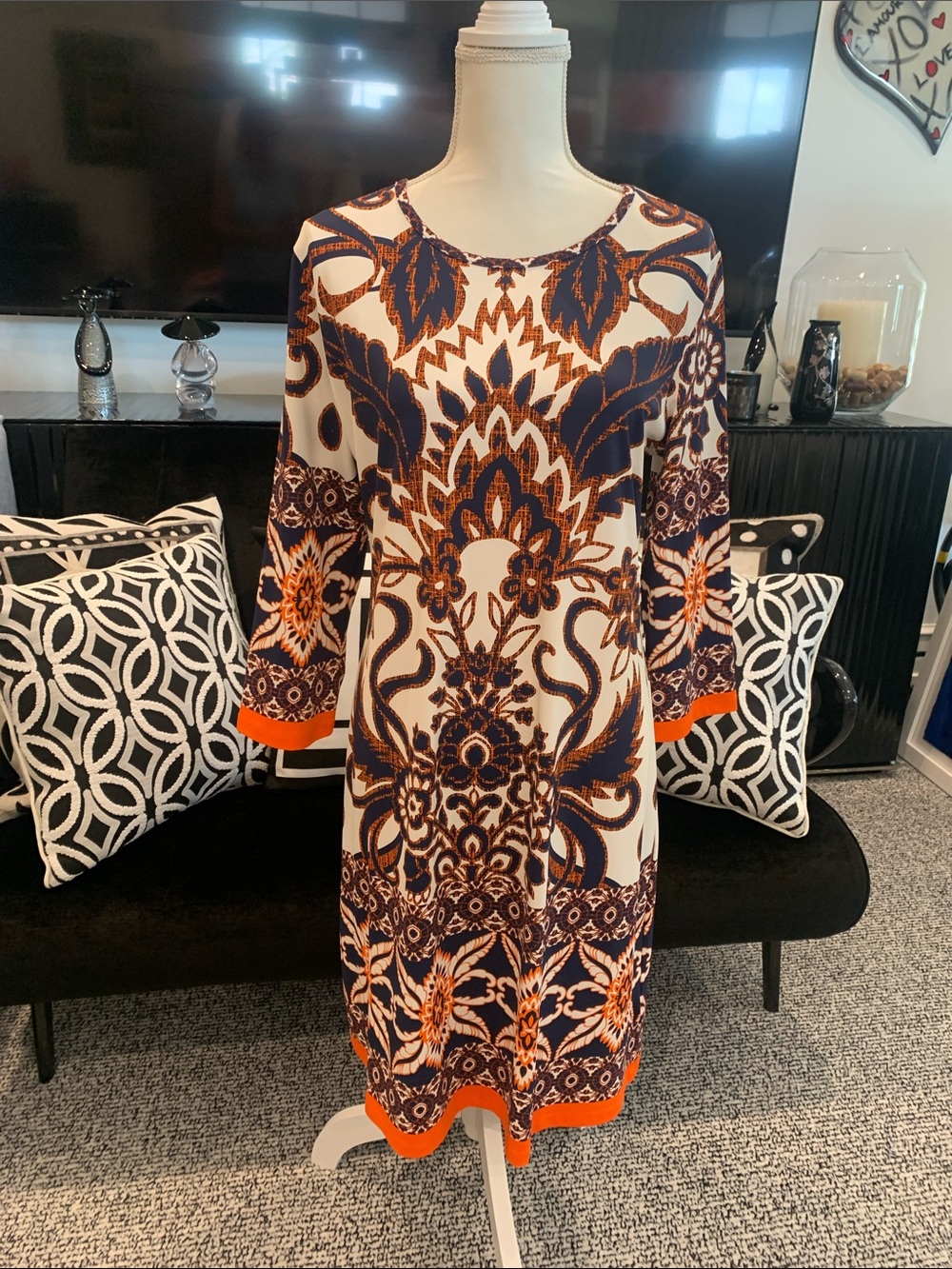 Jean Pierre Women's Printed Shift Dress in White, Navy & Orange XL